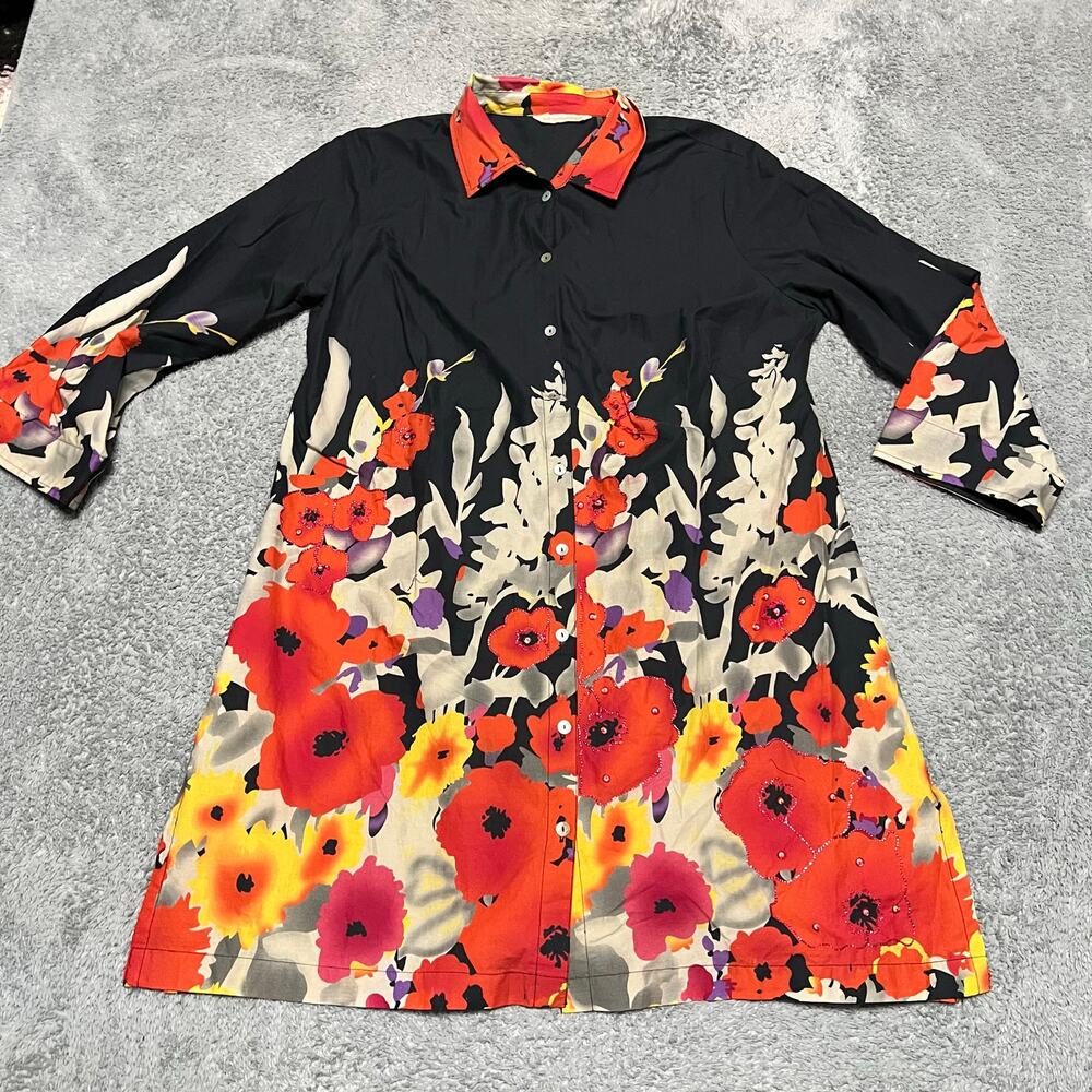 Soft Surroundings Shirt Womens Large Bold Poppy Floral Tunic Multicolor Beaded
